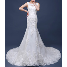 Dramatic Mermaid Court Train Applique Beaded Tulle Wedding Dresses with Low Back
