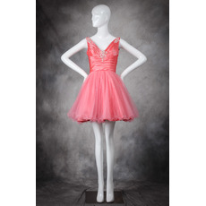 Elegantly A-Line V-Neck Short Satin & Tulle Homecoming Dresses with Beading Detail