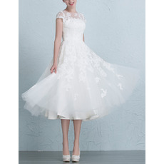 Affordable Floral Applique Tea Length Tulle Wedding Dresses with Slight Cap Sleeves