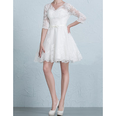 Elegant V-Neck Short Appliques Tulle Wedding Dresses with 3/4 Long Sleeves