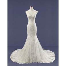 Stylish Mermaid V-Neck Court Train Tulle Over Satin Wedding Dresses with Beaded Applique
