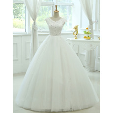 Elegance Ball Gown V-Neck Floor Length Tulle Wedding Dresses/ Exquisite Crystal Appliques Bride Gowns with Slight Cap Sleeves