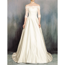 Elegantly Off-the-shoulder Satin Wedding Dresses with Lace Bodice and Half Sleeves