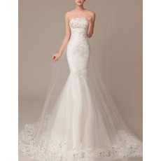 Gorgeous Crystal Beading Strapless Tulle Over Satin Wedding Dresses with Appliques