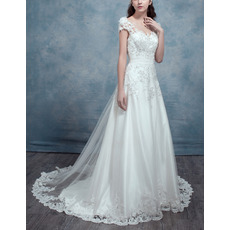 Elegantly Beading Appliques Illusion Neckline Tulle Wedding Dress with Cap Sleeves