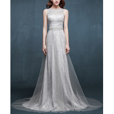 Elegance Sleeveless Tull Over Lace Evening Dress with Crystal Beaded Neckline and Waist