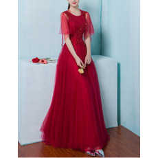 Pretty Red Tulle Evening Dresses with Beaded Lace Appliques Bodice