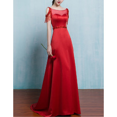 Elegance Illusion Neckline Red Evening Dresses with Exposed-Shoulder and Beading Fringe Detail