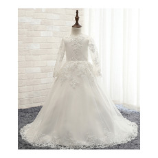 Affordable Ball Gown Scoop Neck Floor-length Satin Tulle First Communion Dresses with Long Sleeves