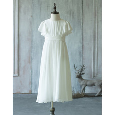 Simple Discount Tea Length Pleated Chiffon Ivory Flower Girl Dresses with Short Sleeves for Summer