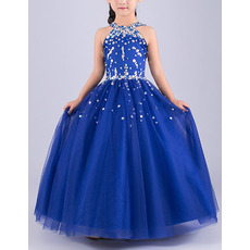 Gorgeous Ball Gown Sleeveless Full Length Tulle Flower Girl Dresses/ Luxury Crystal Beaded Girls Party Dresses