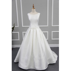Simple Plunging Scoop Back Satin Wedding Dresses with Pleated Skirt and Buttons Back