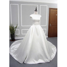 Simple Ball Gown Cap Sleeves Pleated Satin Wedding Dresses with Plunging Scoop Back