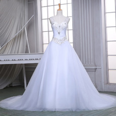 Beautiful A-Line V-Neck Tulle Over Satin Wedding Dresses with Beaded Appliques Bodice
