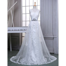 Elegantly V-Neck Tulle Wedding Dresses with Beaded Appliques and Overlay Skirt