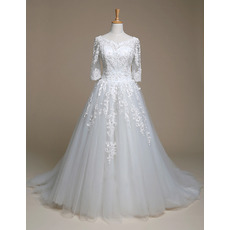 Romantic Beaded Appliques Ball Gown Tulle Wedding Dresses with 3/4 Long Sleeves