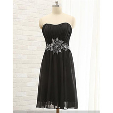 Discount Strapless Short Pleated Black Chiffon Cocktail Dress with Beading and Rhinestone Waist