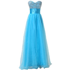 Shimmering Crystal Beading Bodice Evening Dresses with Pleated Waist and Organza Skirt