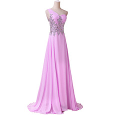 Affordable One Shoulder Chiffon Evening Dress with Shimmering Rhinestone Bodice