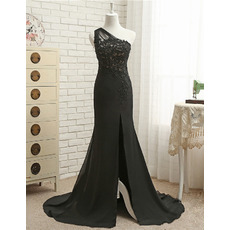 Affordable One Shoulder Chiffon Evening Dresses with Beaded Appliques Bodice