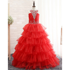Shimmering Halter Crystal Detailing Full Length Layered Skirt Party Dresses for Juniors/ Gorgeous Tiered Flower Girl Dresses