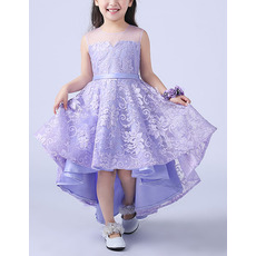 Affordable A-Line Round Neckline High-Low Asymmetric Hem Lace Flower Girl Dresses with Illusion Back