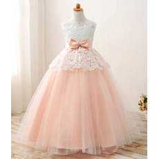Stunning Ball Gown Long Lace Appliques Tulle Satin Little Girls Party Dresses with Crystal Detailing