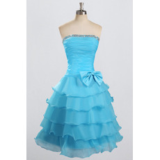 Pretty Beaded Strapless Knee Length Organza Homecoming Dresses with Layered Skirt