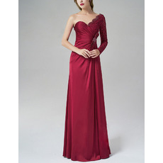 Elegantly Asymmetric Shoulder Silk Like Satin Evening Dresses with Side Gathered and Bow