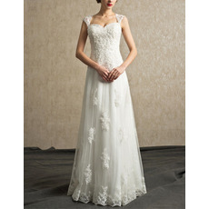 Delicate Beaded Appliques Full Length Tulle Wedding Dresses with Open Back