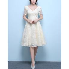 Simple V-Neck Knee Length Lace Wedding Dresses with Short Sleeves