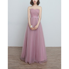 Modest Strapless Sweetheart Full Length Tulle Bridesmaid Dresses with Satin Waistband