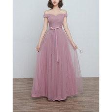 Inexpensive Off-the-shoulder Sweetheart Full Length Ruching Bridesmaid Dresses with Satin Waistband