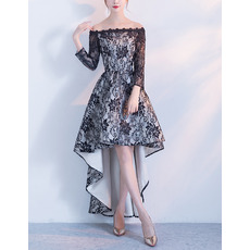 Modern Color Block Off-the-shoulder High-Low Asymmetrical Hem Lace Formal Cocktail Dresses with Long Sleeves