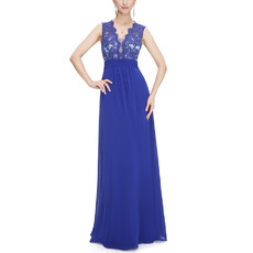 Sexy Deep V-Neck Chiffon Evening Dresses with Applique Bodice and Illusion Back