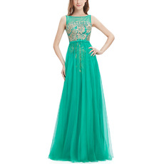 Custom Classic A-Line Sleeveless Floor Length Tulle Embroidery Formal Evening Dresses