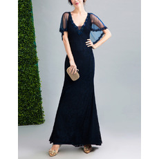 Junoesque V-Neckline Lace Evening Dress with Tulle Capelet and Beaded Appliques Detail