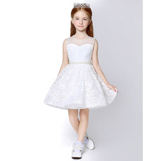 Beautiful A-Line Sleeveless Mini/ Short Lace Flower Girl Dresses with Beaded Neck and Waist