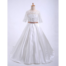 Kids Discount Sweep Train Beaded Lace Satin Flower Girl Dresses with Half Sleeves and Open Back