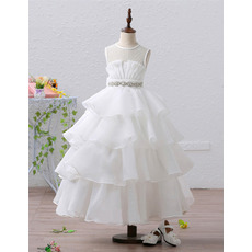 Pretty Ivory Ball Gown Tea Length Organza Tulle Layered Skirt Flower Girl Dresses with Crystal Beaded
