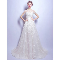 Romantic Short Sleeves Lace Tulle Wedding Dresses with Allover Petals