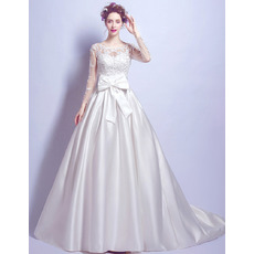 Delicate Beaded Appliques Satin Wedding Dresses with Long Tulle Sleeves