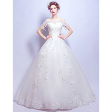 Gorgeous Crystal Beading Appliques Tulle Wedding Dresses with Short Sleeves and Back Bows
