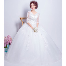 Luxury Beading Appliques Ball Gown Tulle Wedding Dresses with Half Sleeves