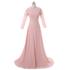 Vintage A-Line Sweep Train Beaded Appliques Chiffon Mother Dresses with Long Sleeves and Pleated Bust