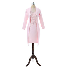 Modest Luxury Sheath Long Sleeves Short Pink Satin Mother Dresses with Jackets and Lace Beaded