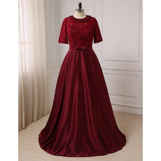 Couture Discount Full Length Lace Satin Plus Size Mother of the Bride Dress with Short Sleeves