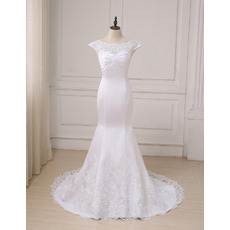 Delicate Lace Appliques Satin Wedding Dresses with Slight Cap Sleeves
