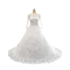 Custom A-Line Appliques Tulle Over Satin Wedding Dress with Long Sleeves