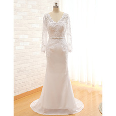 Graceful V-Neck Lace Appliques Chiffon Wedding Dresses with Long Sleeves